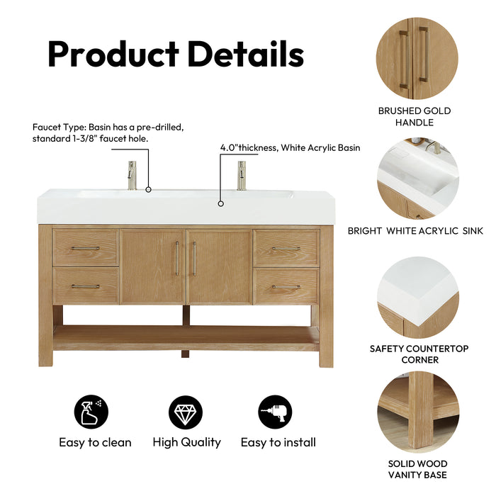 60-Inch Fallon Single Sink Vanity – Ash Grey Finish with White Stone Countertop & Mirror