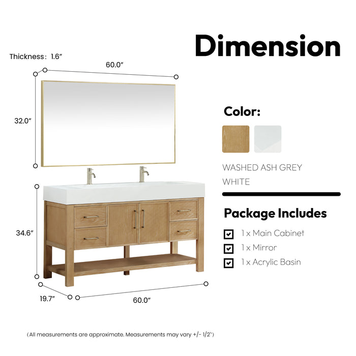 60-Inch Fallon Single Sink Vanity – Ash Grey Finish with White Stone Countertop & Mirror