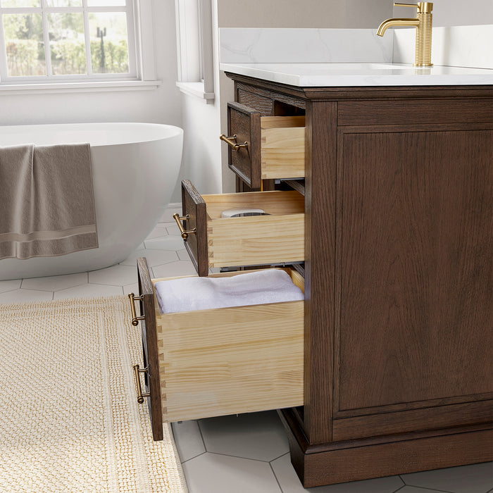 60-Inch Rosette Solid Wood Bathroom Vanity Aged Dark Brown Oak Finish with White Quartz Top & Undermount Sink