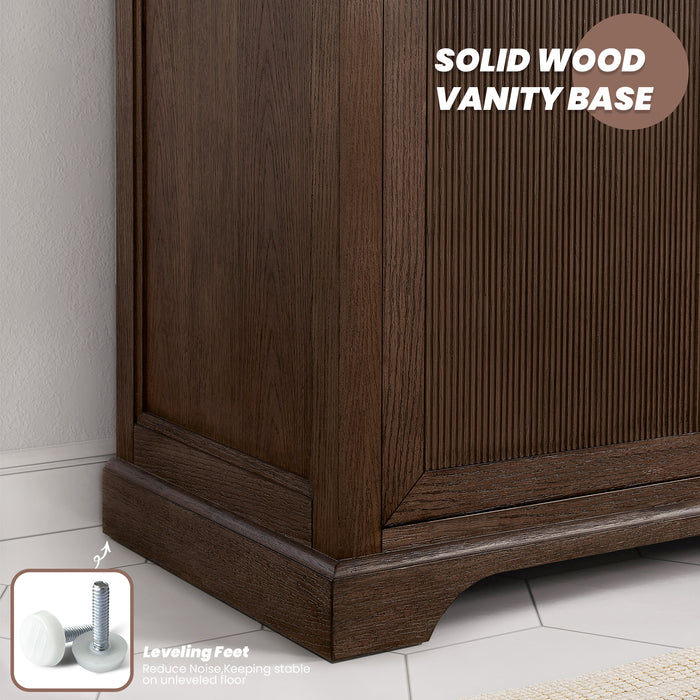 60-Inch Rosette Solid Wood Bathroom Vanity Aged Dark Brown Oak Finish with White Quartz Top & Undermount Sink