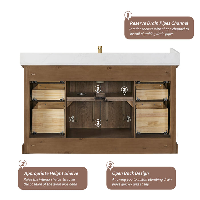 60-Inch Rosette Solid Wood Bathroom Vanity Aged Dark Brown Oak Finish with White Quartz Top & Undermount Sink