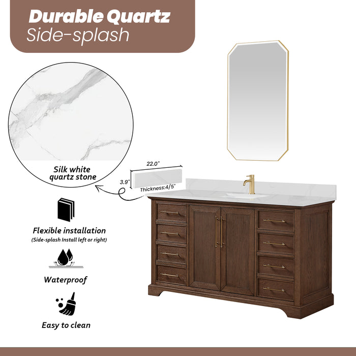 60-Inch Rosette Solid Wood Bathroom Vanity Aged Dark Brown Oak Finish with White Quartz Top & Undermount Sink