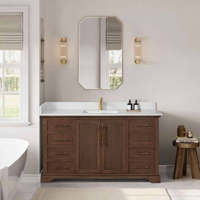 60-Inch Rosette Solid Wood Bathroom Vanity Aged Dark Brown Oak Finish with White Quartz Top & Undermount Sink