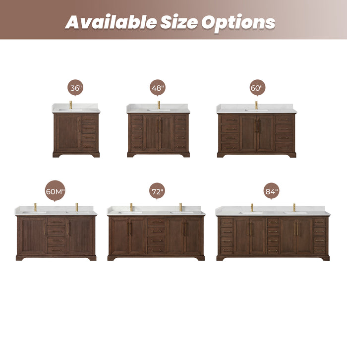 60-Inch Rosette Solid Wood Bathroom Vanity Aged Dark Brown Oak Finish with White Quartz Top & Undermount Sink