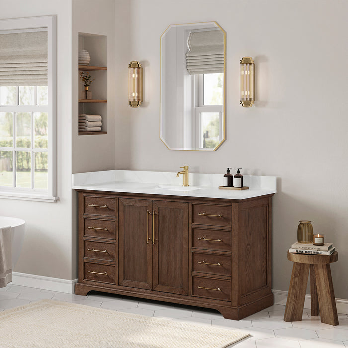 60-Inch Rosette Solid Wood Bathroom Vanity Aged Dark Brown Oak Finish with White Quartz Top & Undermount Sink