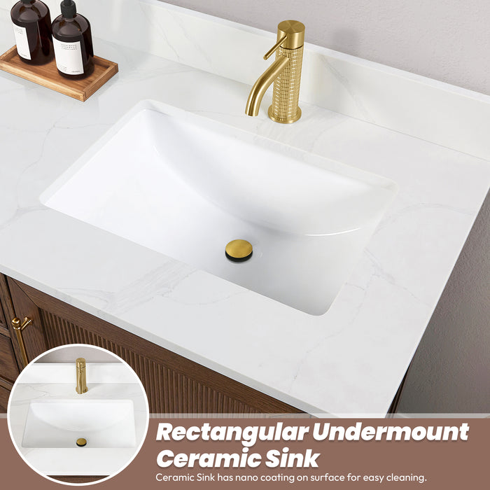 60-Inch Rosette Solid Wood Bathroom Vanity Aged Dark Brown Oak Finish with White Quartz Top & Undermount Sink
