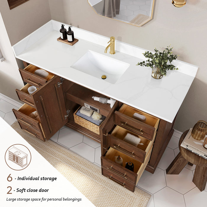 60-Inch Rosette Solid Wood Bathroom Vanity Aged Dark Brown Oak Finish with White Quartz Top & Undermount Sink