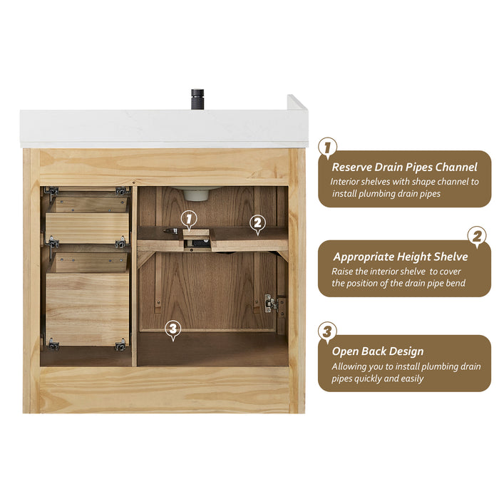 36-Inch Ovation Rustic Bathroom Vanity – Brown Oak Wood with Silk White Quartz Top and Soft-Close Drawers