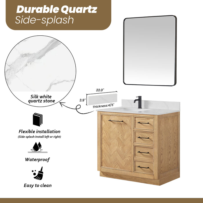 36-Inch Ovation Rustic Bathroom Vanity – Brown Oak Wood with Silk White Quartz Top and Soft-Close Drawers