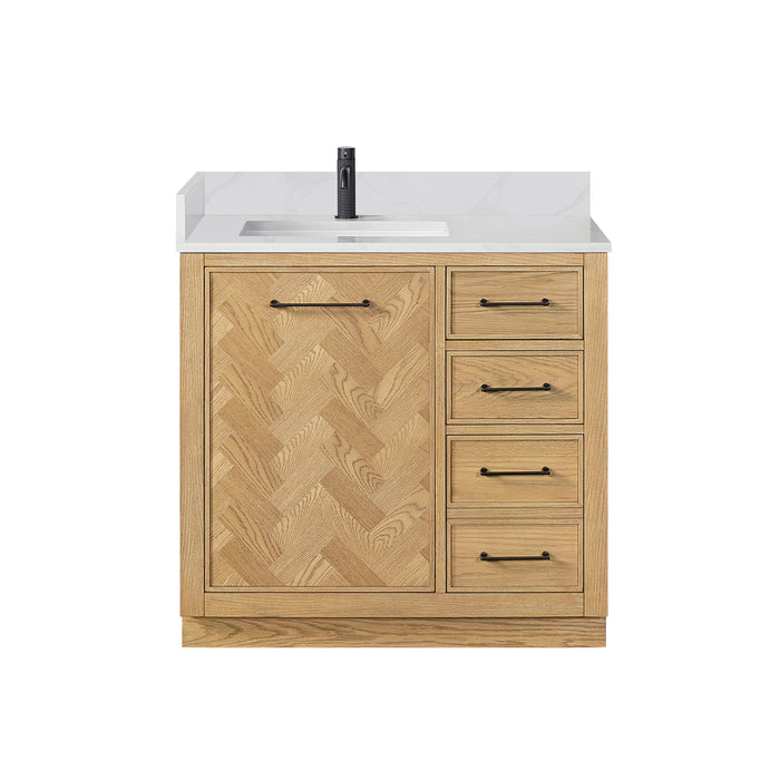 36-Inch Ovation Rustic Bathroom Vanity – Brown Oak Wood with Silk White Quartz Top and Soft-Close Drawers