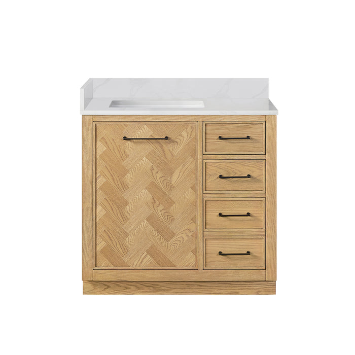36-Inch Ovation Rustic Bathroom Vanity – Brown Oak Wood with Silk White Quartz Top and Soft-Close Drawers