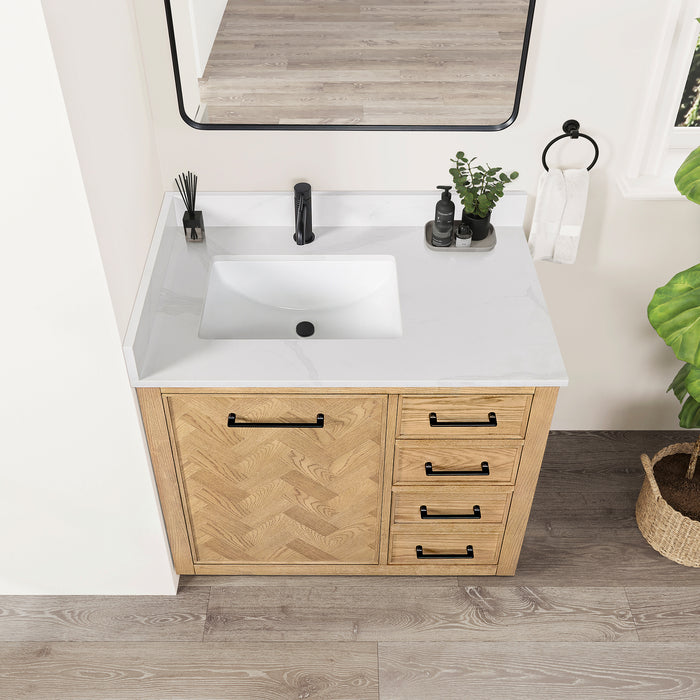 36-Inch Ovation Rustic Bathroom Vanity – Brown Oak Wood with Silk White Quartz Top and Soft-Close Drawers