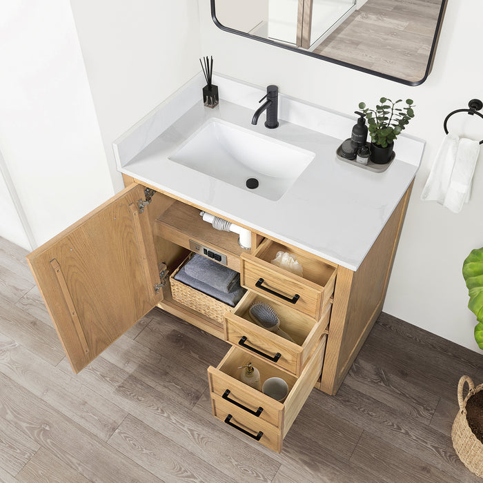 36-Inch Ovation Rustic Bathroom Vanity – Brown Oak Wood with Silk White Quartz Top and Soft-Close Drawers