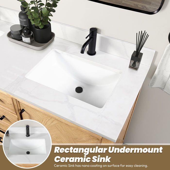 Jakarta 36" Freestanding Single Bath Vanity in Oak Weathering Light Brown with Silk White Quartz Stone Top