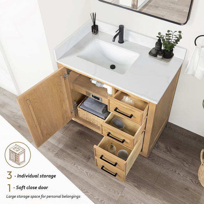 36-Inch Ovation Rustic Bathroom Vanity – Brown Oak Wood with Silk White Quartz Top and Soft-Close Drawers