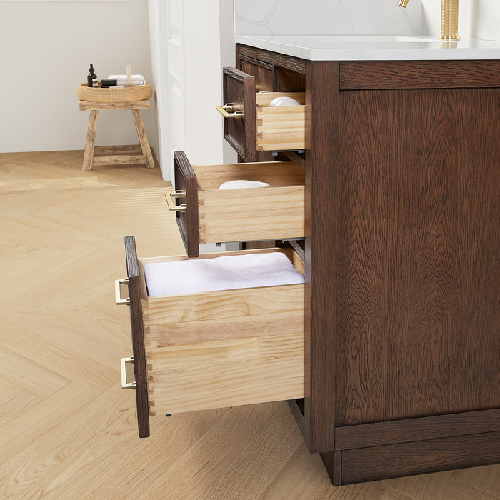 42-Inch Pacific Dark Brown Oak Vanity – Freestanding Single Sink Cabinet with Silk White Quartz Top
