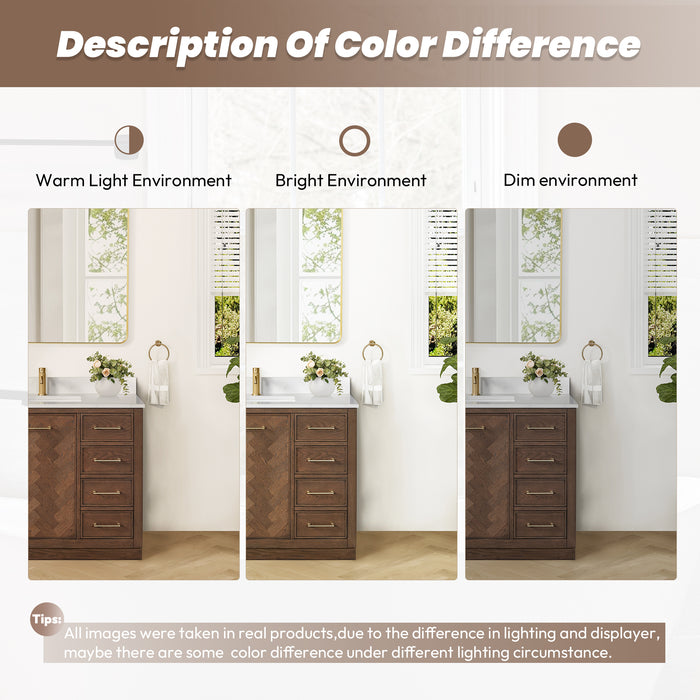 42-Inch Pacific Dark Brown Oak Vanity – Freestanding Single Sink Cabinet with Silk White Quartz Top