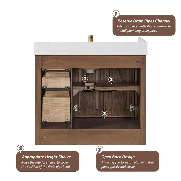 42-Inch Pacific Dark Brown Oak Vanity – Freestanding Single Sink Cabinet with Silk White Quartz Top