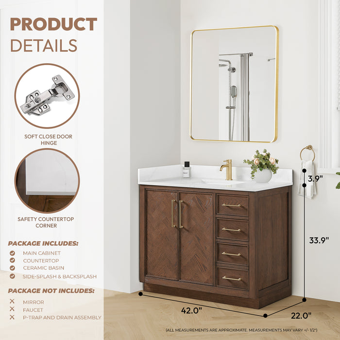 42-Inch Pacific Dark Brown Oak Vanity – Freestanding Single Sink Cabinet with Silk White Quartz Top