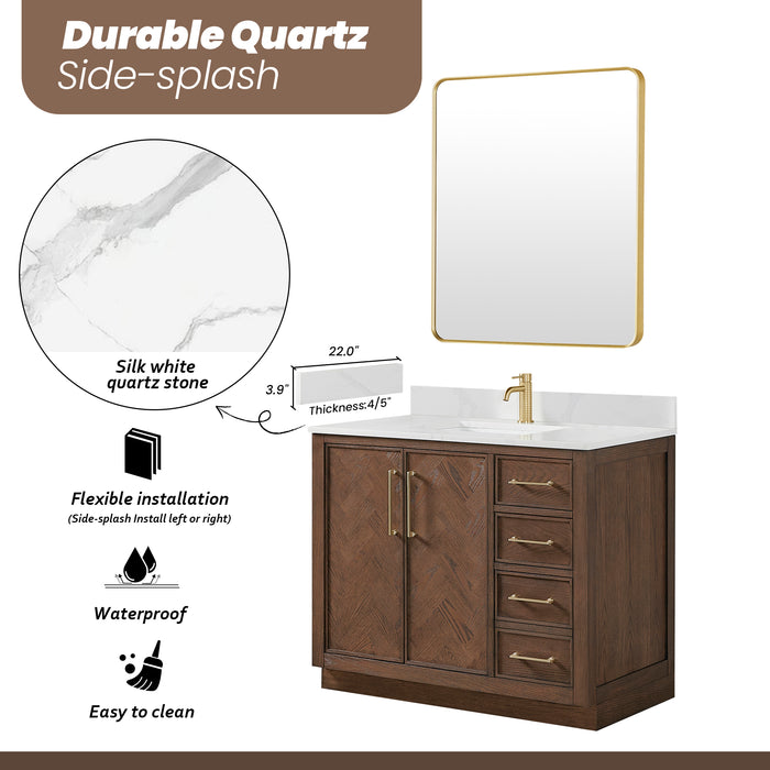 42-Inch Pacific Dark Brown Oak Vanity – Freestanding Single Sink Cabinet with Silk White Quartz Top