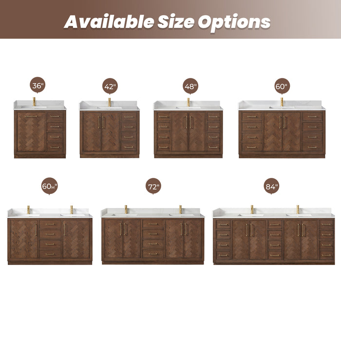 42-Inch Pacific Dark Brown Oak Vanity – Freestanding Single Sink Cabinet with Silk White Quartz Top