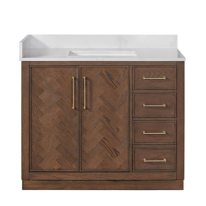 42-Inch Pacific Dark Brown Oak Vanity – Freestanding Single Sink Cabinet with Silk White Quartz Top