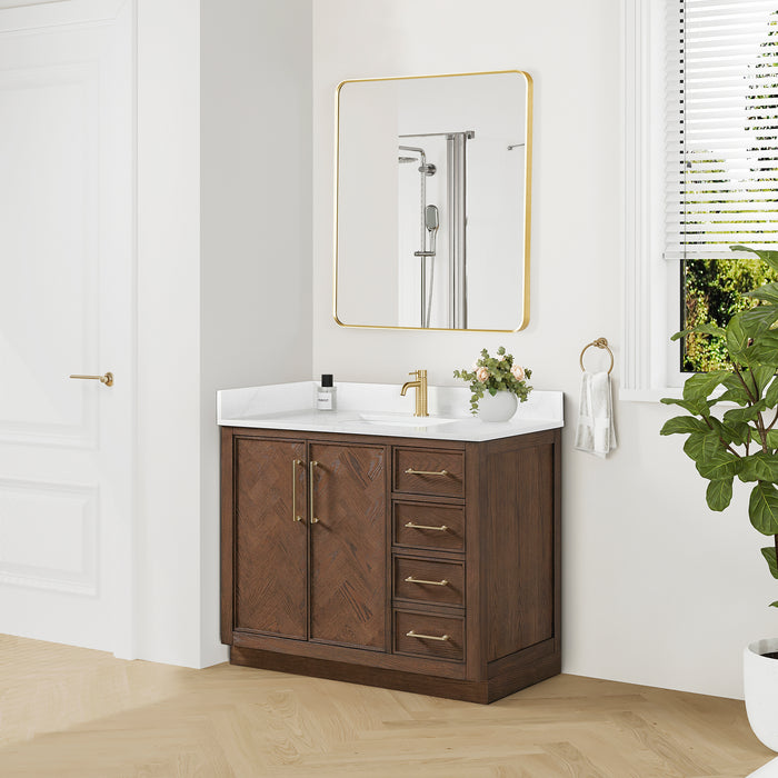 42-Inch Pacific Dark Brown Oak Vanity – Freestanding Single Sink Cabinet with Silk White Quartz Top