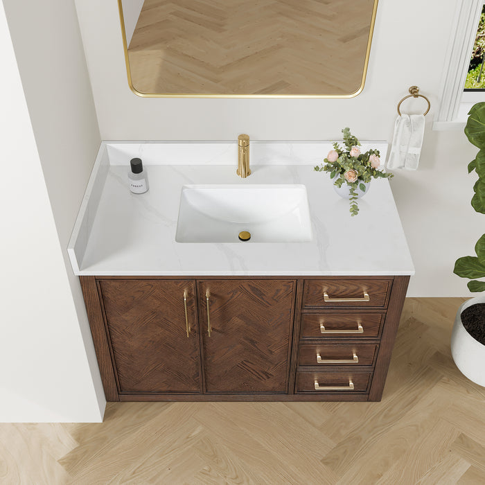 42-Inch Pacific Dark Brown Oak Vanity – Freestanding Single Sink Cabinet with Silk White Quartz Top