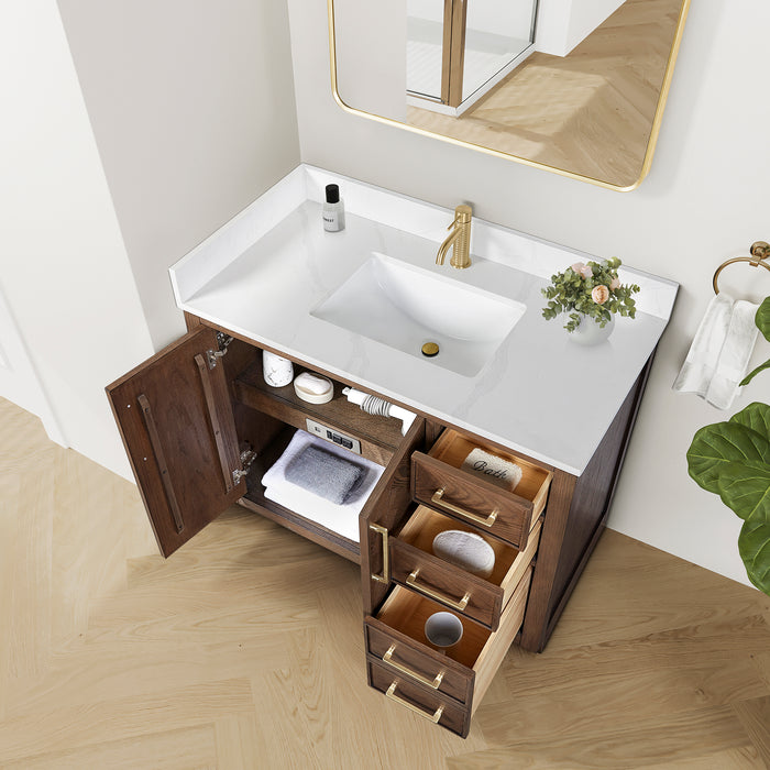 42-Inch Pacific Dark Brown Oak Vanity – Freestanding Single Sink Cabinet with Silk White Quartz Top