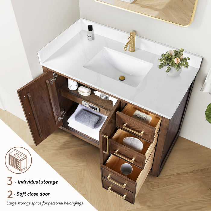42-Inch Pacific Dark Brown Oak Vanity – Freestanding Single Sink Cabinet with Silk White Quartz Top