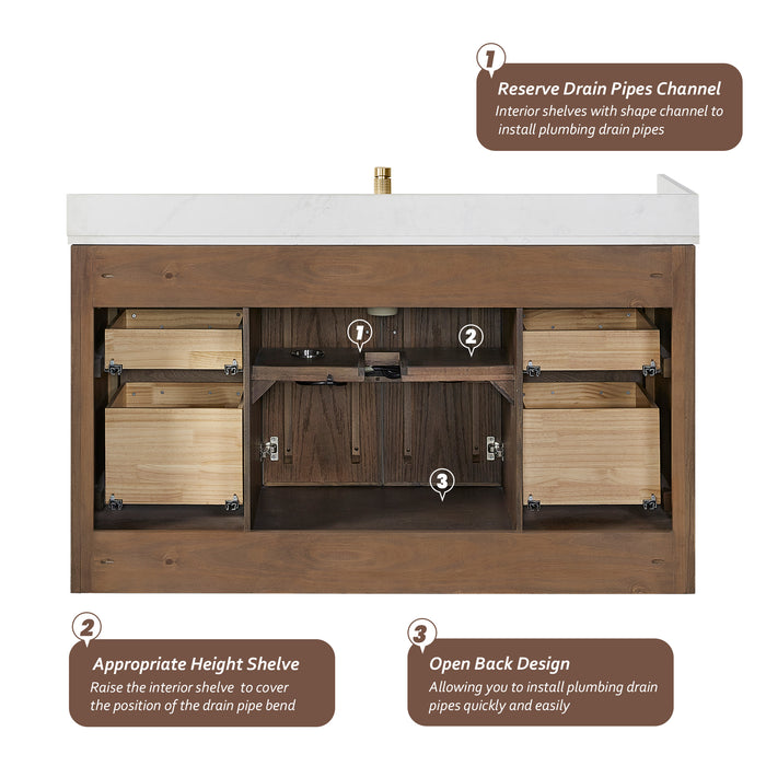 60-Inch Peony Rustic Single Sink Vanity – Freestanding Brown Oak Cabinet with Silk White Quartz Stone Top