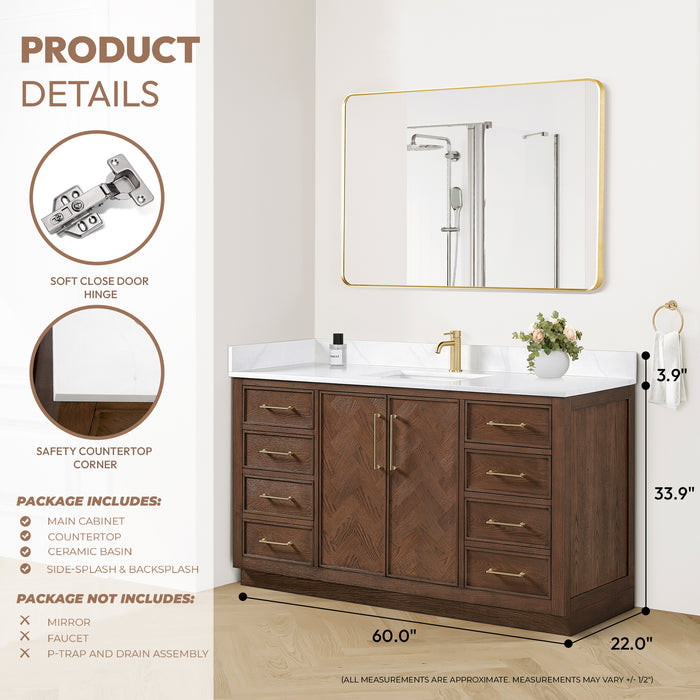 60-Inch Peony Rustic Single Sink Vanity – Freestanding Brown Oak Cabinet with Silk White Quartz Stone Top