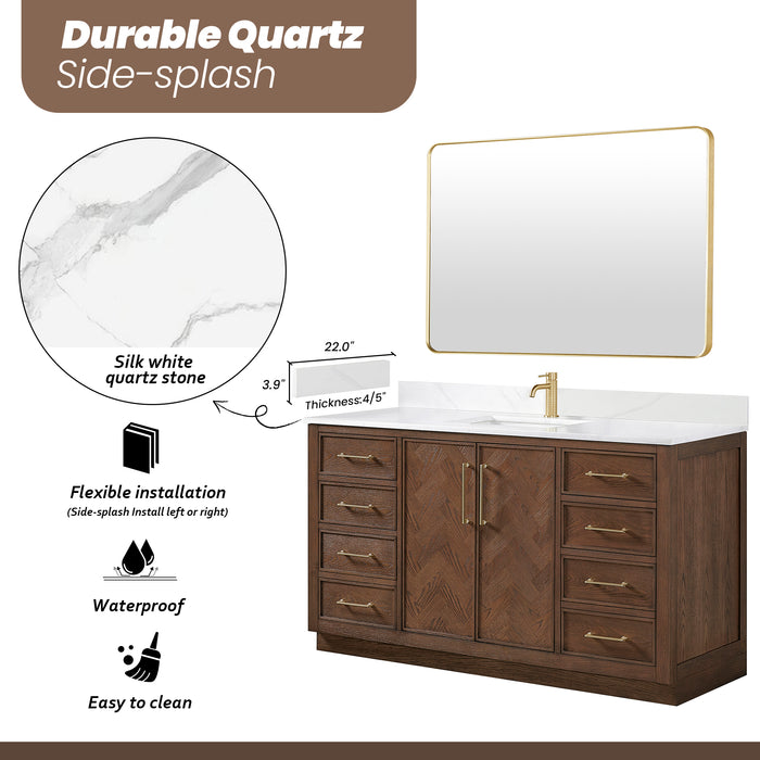 60-Inch Peony Rustic Single Sink Vanity – Freestanding Brown Oak Cabinet with Silk White Quartz Stone Top