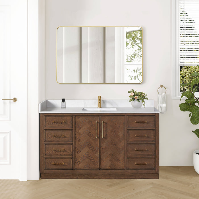 60-Inch Peony Rustic Single Sink Vanity – Freestanding Brown Oak Cabinet with Silk White Quartz Stone Top