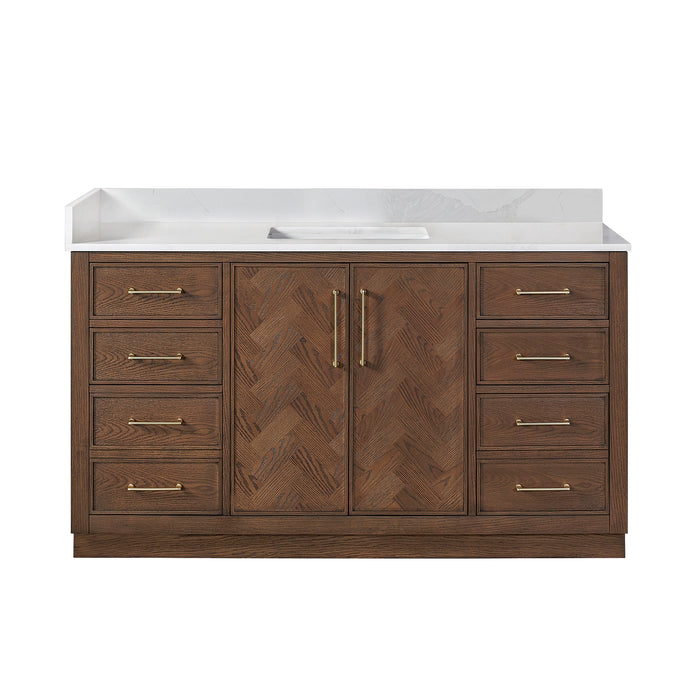 60-Inch Peony Rustic Single Sink Vanity – Freestanding Brown Oak Cabinet with Silk White Quartz Stone Top