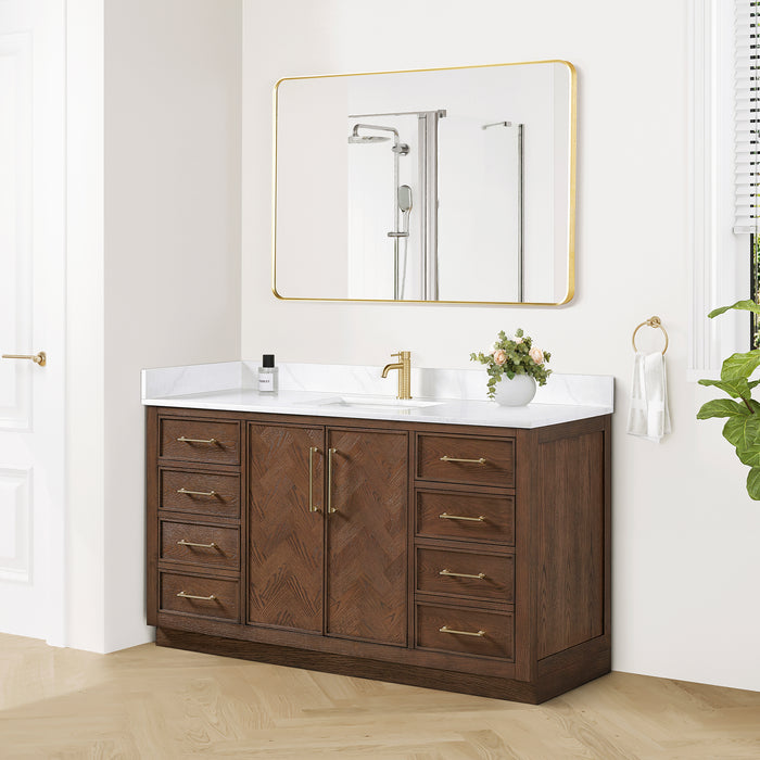 60-Inch Peony Rustic Single Sink Vanity – Freestanding Brown Oak Cabinet with Silk White Quartz Stone Top