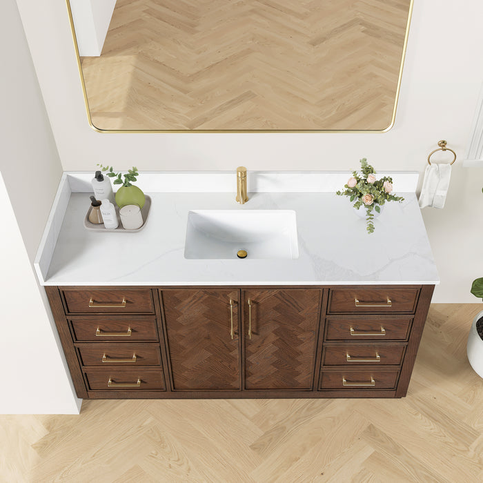 60-Inch Peony Rustic Single Sink Vanity – Freestanding Brown Oak Cabinet with Silk White Quartz Stone Top