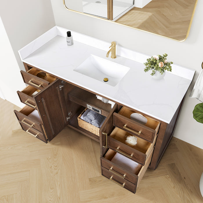 60-Inch Peony Rustic Single Sink Vanity – Freestanding Brown Oak Cabinet with Silk White Quartz Stone Top