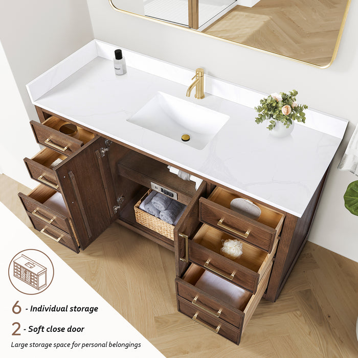 60-Inch Peony Rustic Single Sink Vanity – Freestanding Brown Oak Cabinet with Silk White Quartz Stone Top