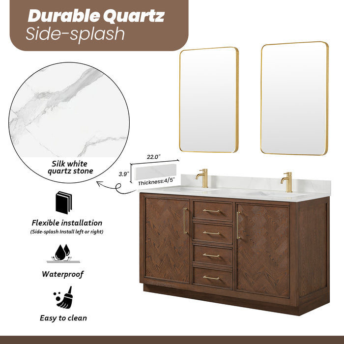 Jakarta 60M" Freestanding Double Bath Vanity in Aged Dark Brown Oak with Silk White Quartz Stone Top
