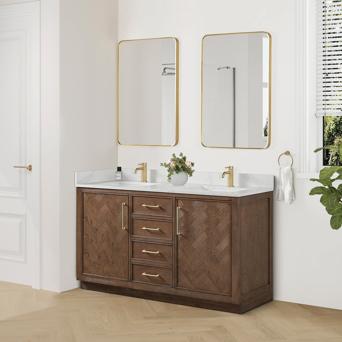 Jakarta 60M" Freestanding Double Bath Vanity in Aged Dark Brown Oak with Silk White Quartz Stone Top