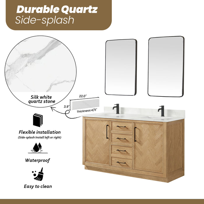 Jakarta 60M" Freestanding Double Bath Vanity in Oak Weathering Light Brown with Silk White Quartz Stone Top