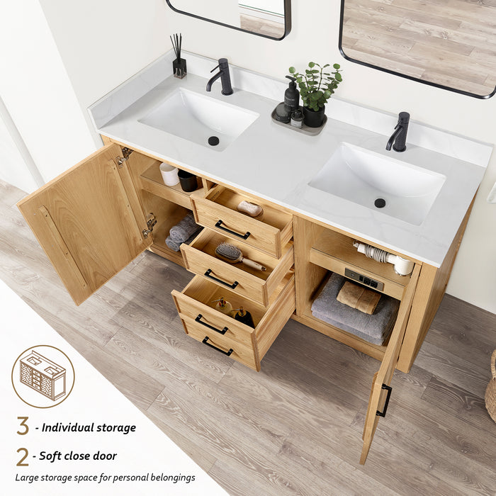 Jakarta 60M" Freestanding Double Bath Vanity in Oak Weathering Light Brown with Silk White Quartz Stone Top