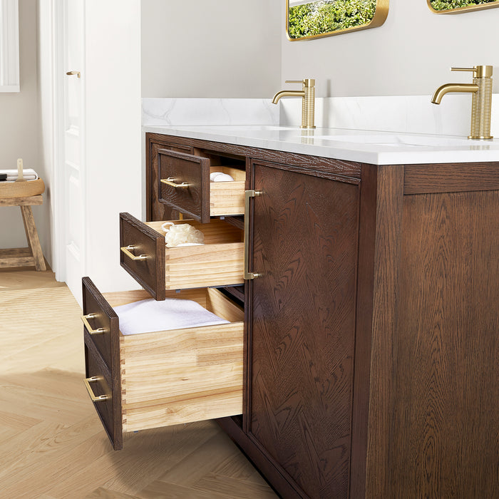 72 Inch Piquant Rustic Double Vanity – Freestanding Dark Oak Cabinet with Dual Sinks and White Quartz Top