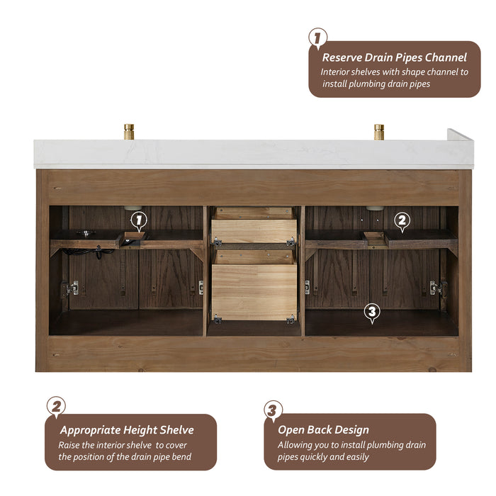 72 Inch Piquant Rustic Double Vanity – Freestanding Dark Oak Cabinet with Dual Sinks and White Quartz Top