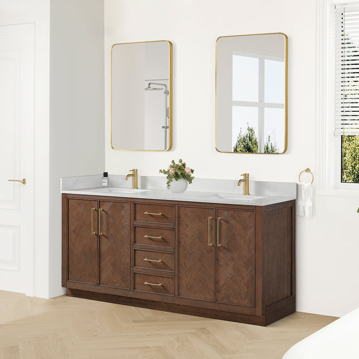 72 Inch Piquant Rustic Double Vanity – Freestanding Dark Oak Cabinet with Dual Sinks and White Quartz Top