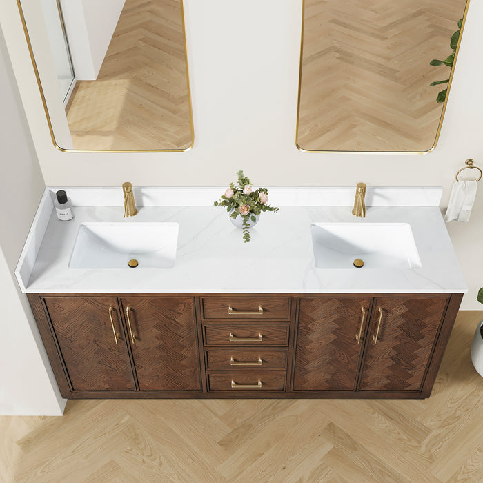 72 Inch Piquant Rustic Double Vanity – Freestanding Dark Oak Cabinet with Dual Sinks and White Quartz Top