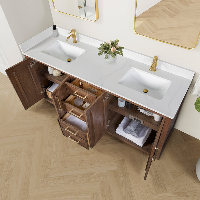72 Inch Piquant Rustic Double Vanity – Freestanding Dark Oak Cabinet with Dual Sinks and White Quartz Top