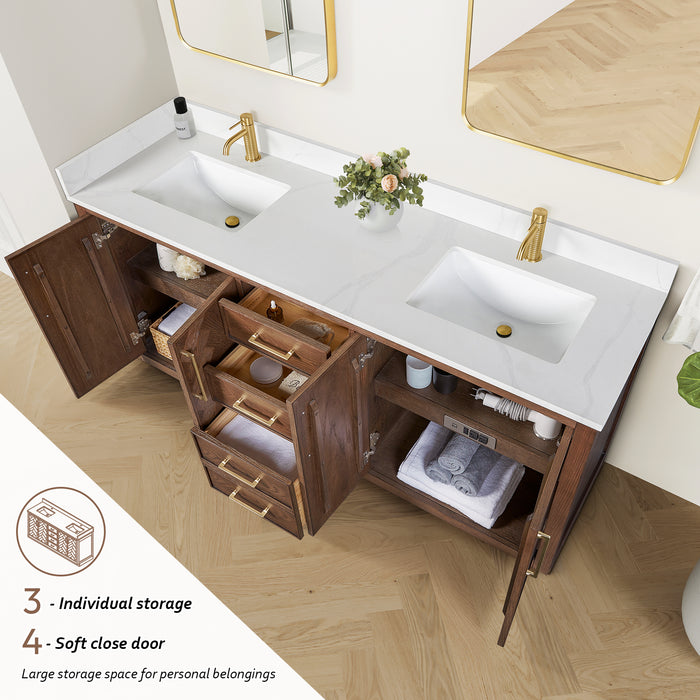 72 Inch Piquant Rustic Double Vanity – Freestanding Dark Oak Cabinet with Dual Sinks and White Quartz Top