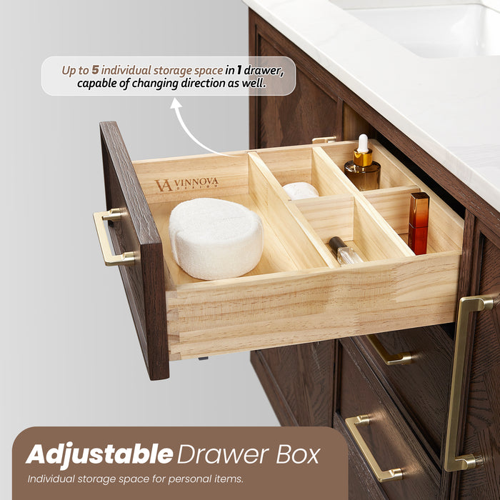 72 Inch Piquant Rustic Double Vanity – Freestanding Dark Oak Cabinet with Dual Sinks and White Quartz Top